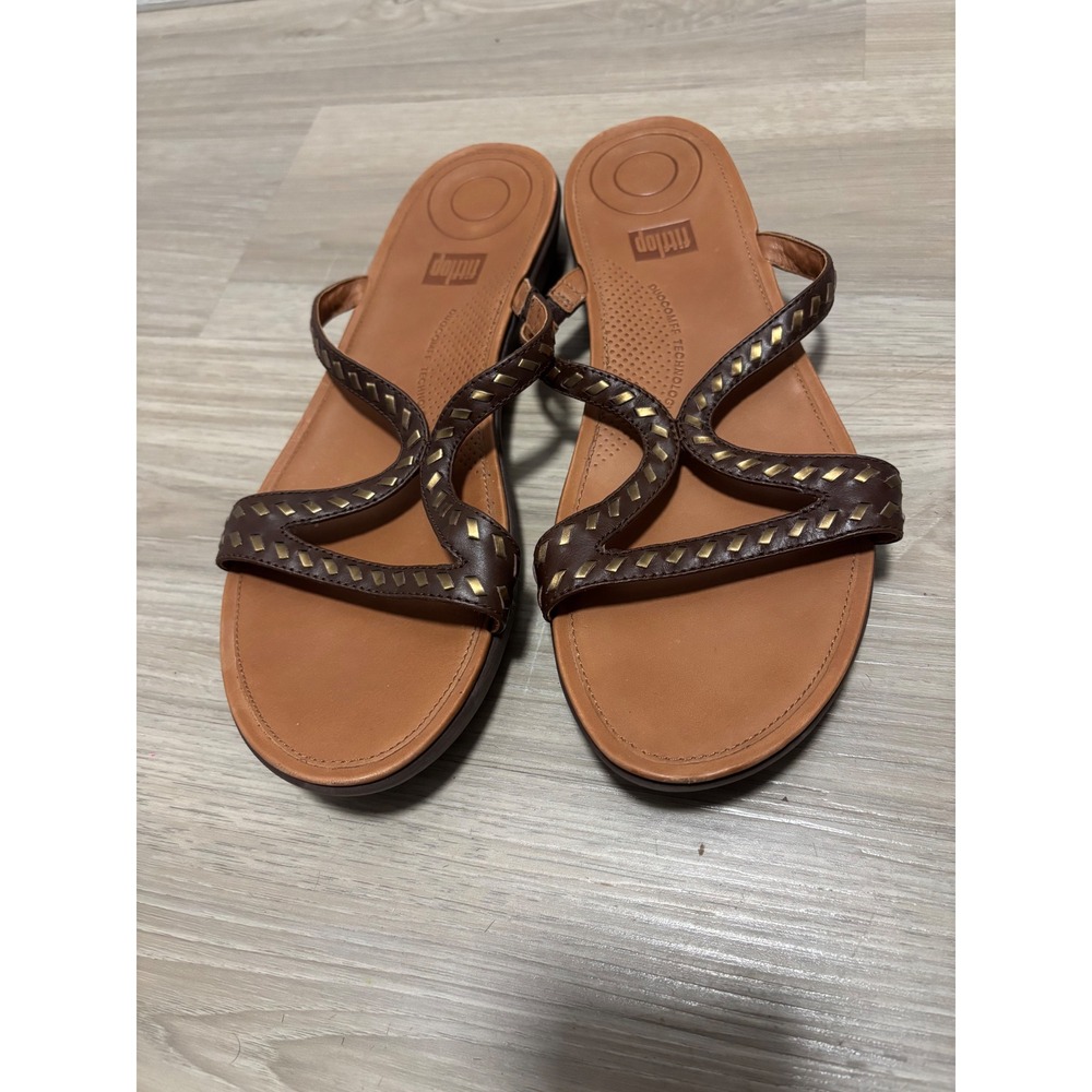 FitFlop Duocomff Brown Leather Whipstitch Slide Sandals L50-557 Womens 11